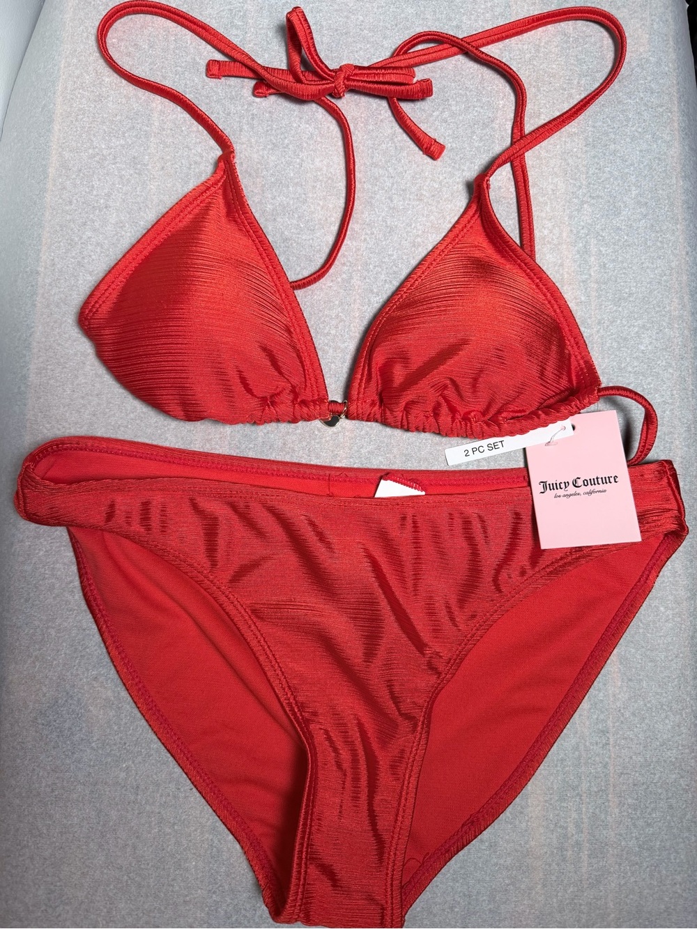 Juicy Couture Red Ribbed Triangle Bikini Set